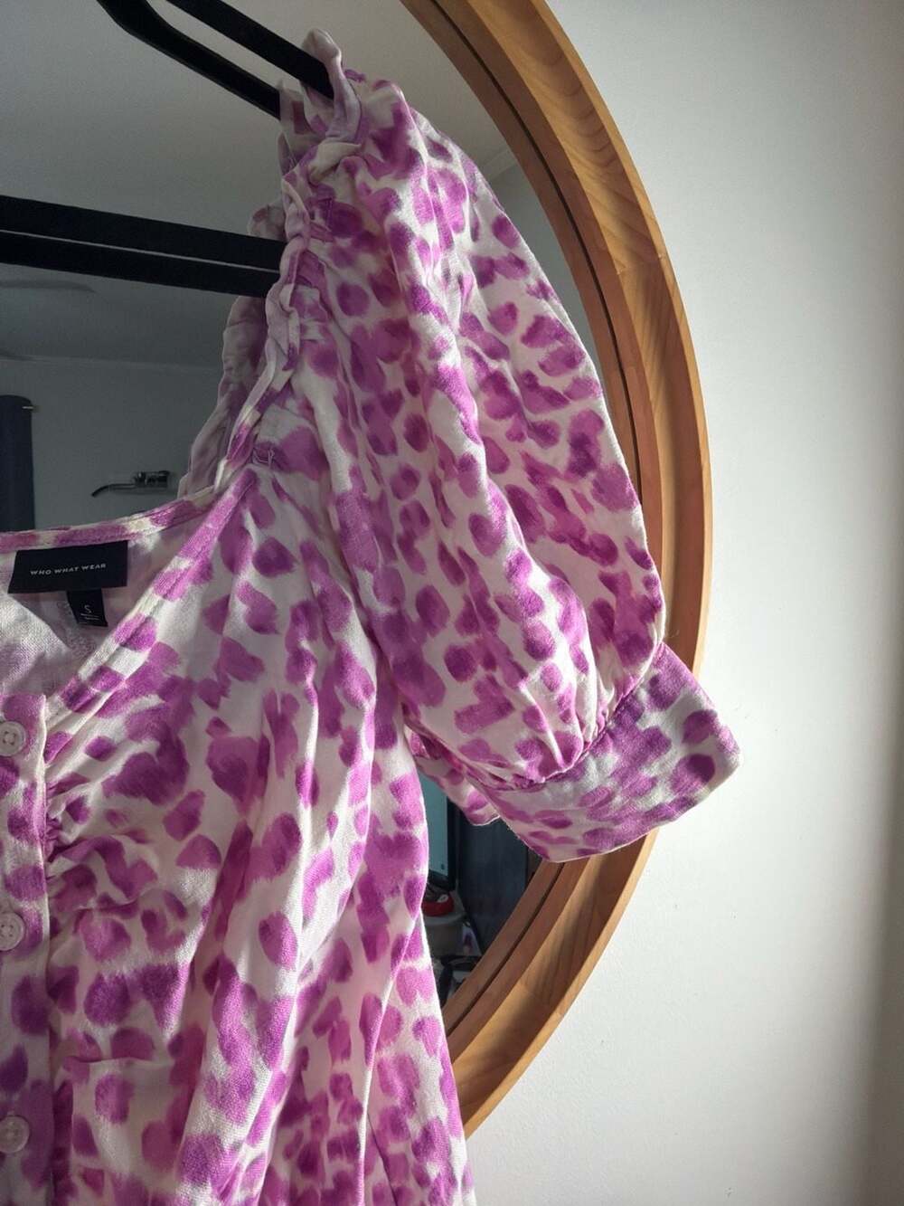 Who What Wear Purple Leopard Print Puff Sleeve Button Front Midi Dress - Picture 5 of 5